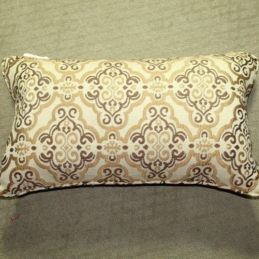 Gorgeous Neutral Tapestry Cream Brown Tan Filigree Patterned 22x13 Lumbar Pillow